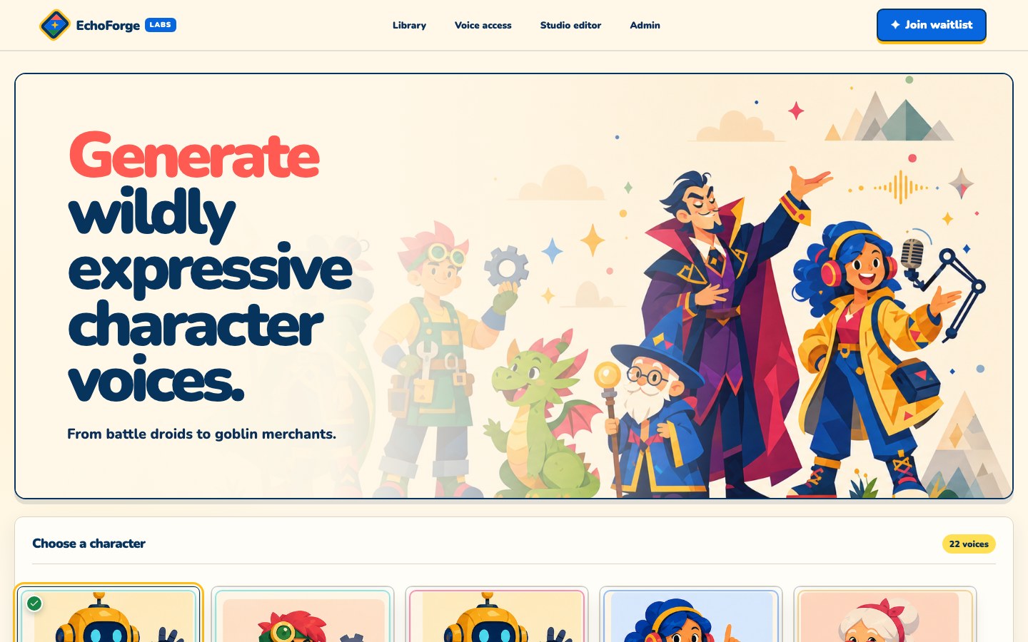 EchoForge expressive character voice generator and public voice catalog