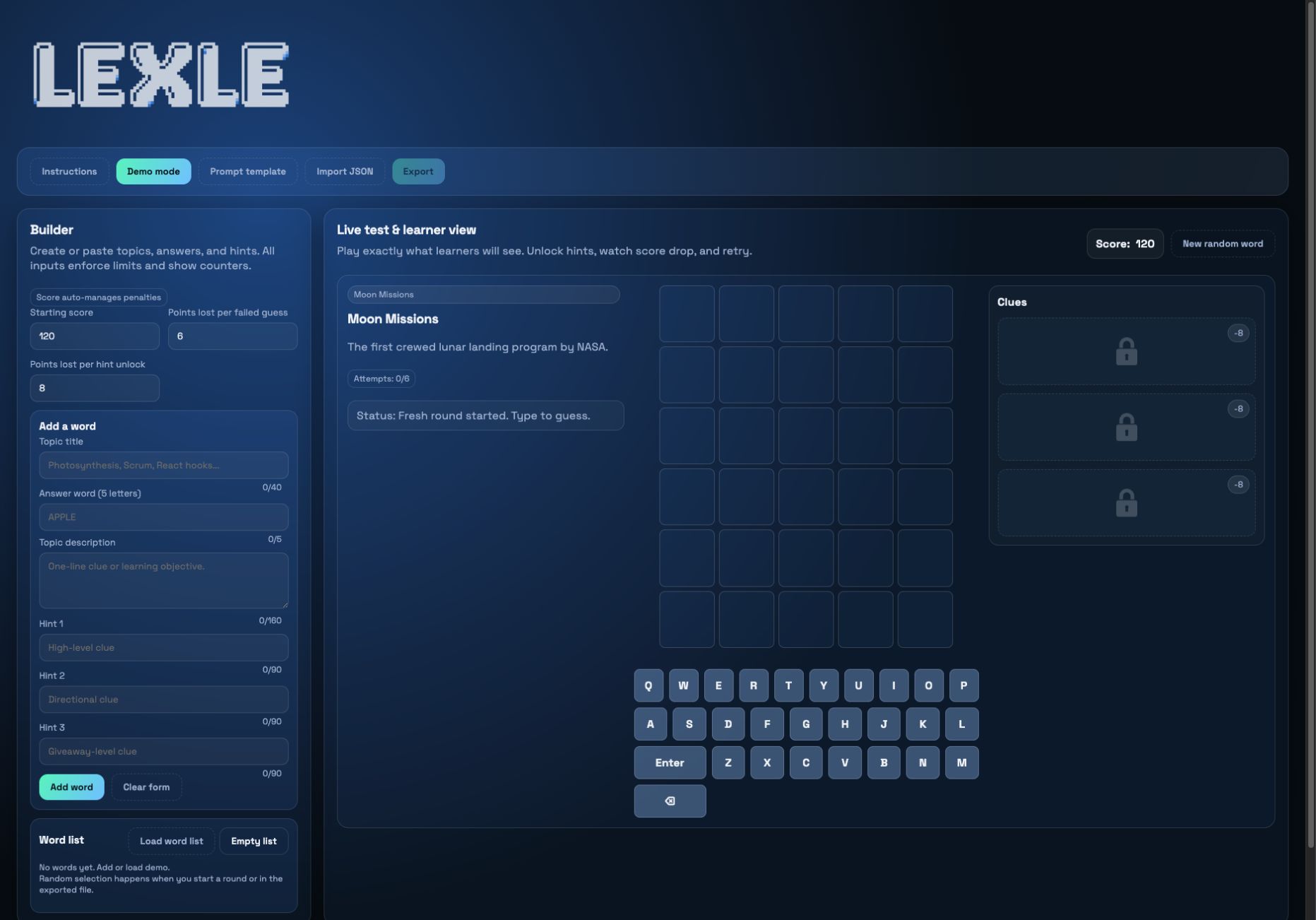 Lexle Wordle-style learning game builder
