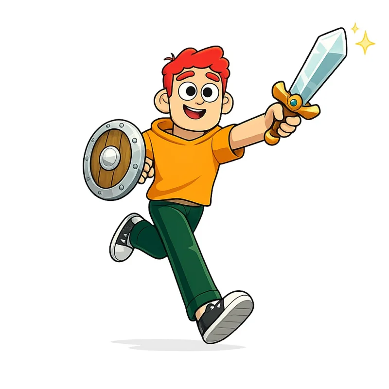 SideQuest adventurer setting off with a crystal sword and wooden shield